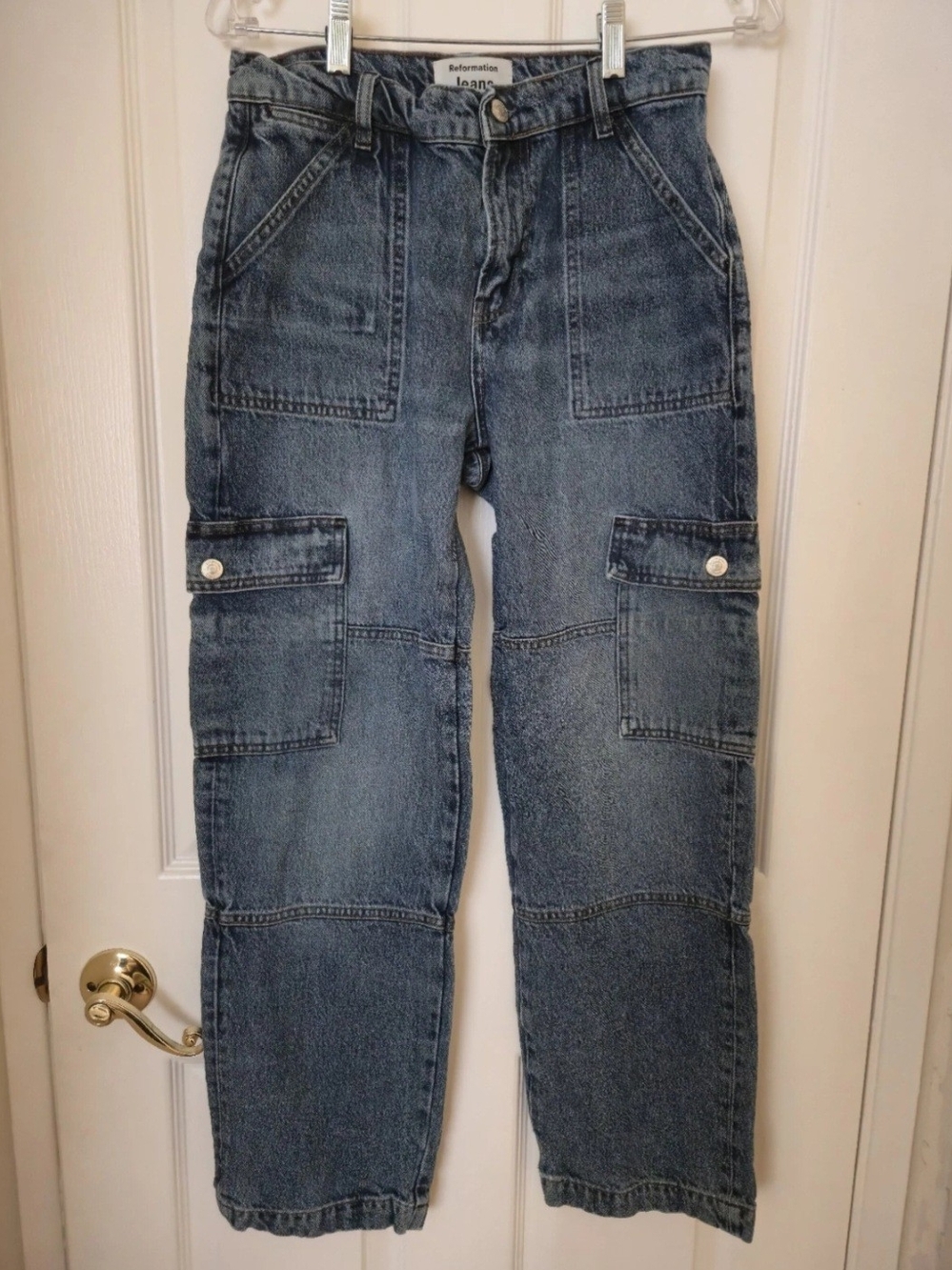Reformation McKenna Mid-Rise Slouch Cargo Jeans Blue Denim Size 25 EUC Wide Leg